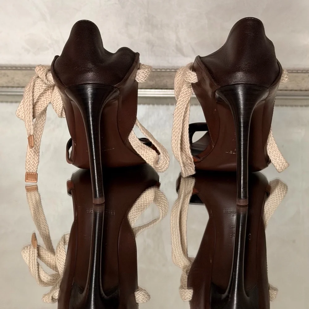 Saint Laurent Brown Leather High Heel Sandals with Cream Rope Trim - Picture 3 of 10